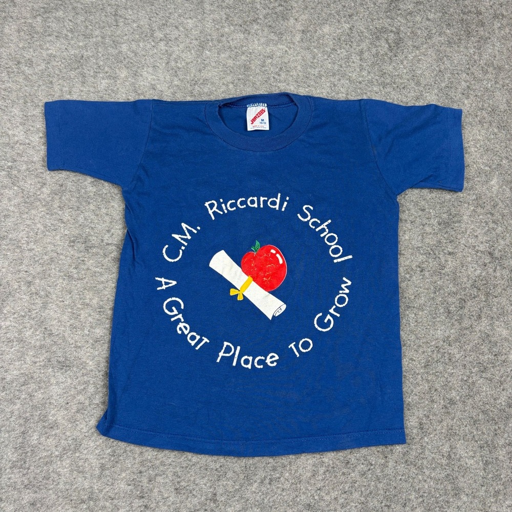 Jerzees Graphic‎ T-Shirt Kids M 10-12 Blue C.M. Riccardi School Vintage 90s USA